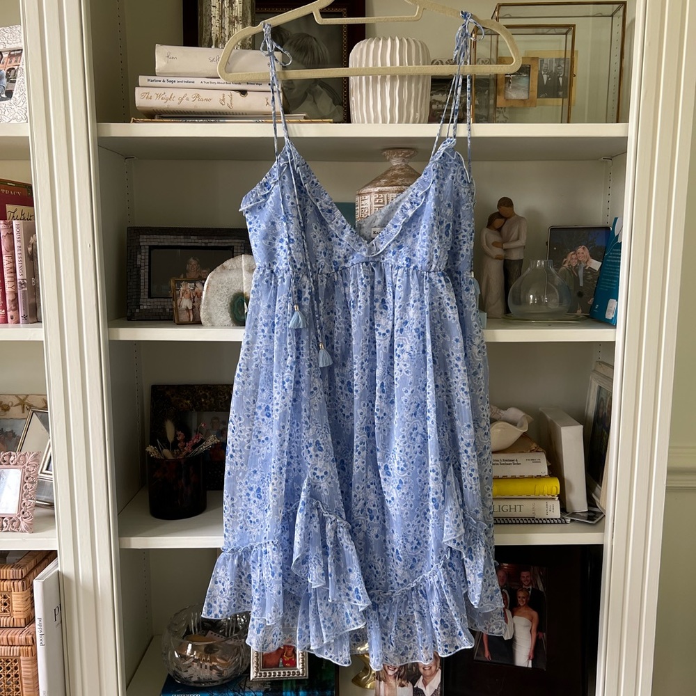 Karina Grimaldi Blue Patterned Ruffle Babydoll Fl… - image 1